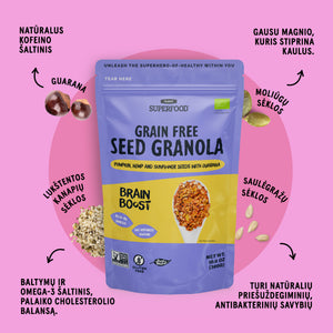BRAIN BOOST SĖKLŲ GRANOLA: SŪRIOS KARAMELĖS SKONIO